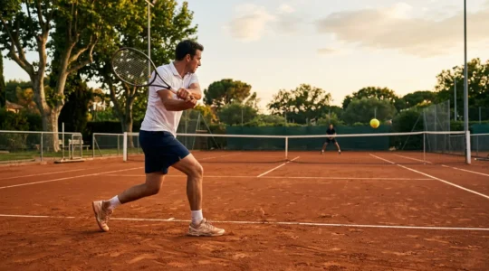 Joueur de tennis en pleine action tactique sur terre battue en France