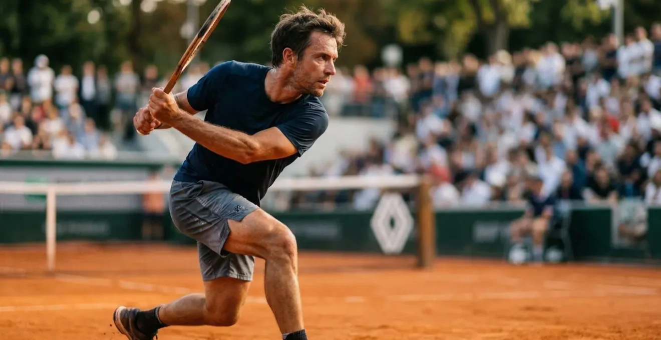 Joueur de tennis en pleine concentration lors d'un coup droit sur un court de terre battue