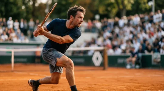 Joueur de tennis en pleine concentration lors d'un coup droit sur un court de terre battue