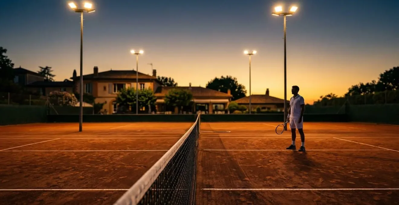 Joueur de tennis se préparant sous les projecteurs d'un court éclairé en soirée, atmosphère crépusculaire