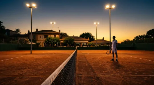 Joueur de tennis se préparant sous les projecteurs d'un court éclairé en soirée, atmosphère crépusculaire