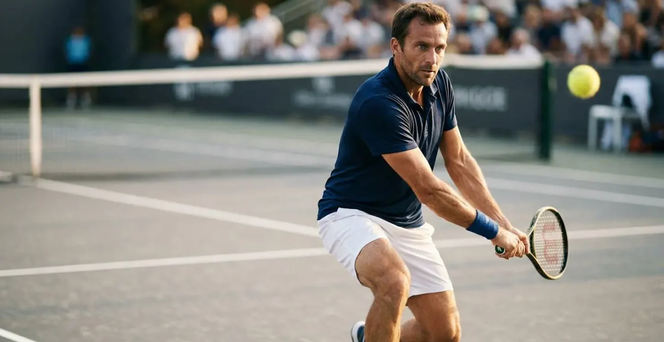 Joueur de tennis en pleine concentration avant un coup décisif en position d'attaque sur balle courte