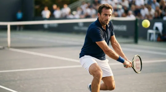 Joueur de tennis en pleine concentration avant un coup décisif en position d'attaque sur balle courte