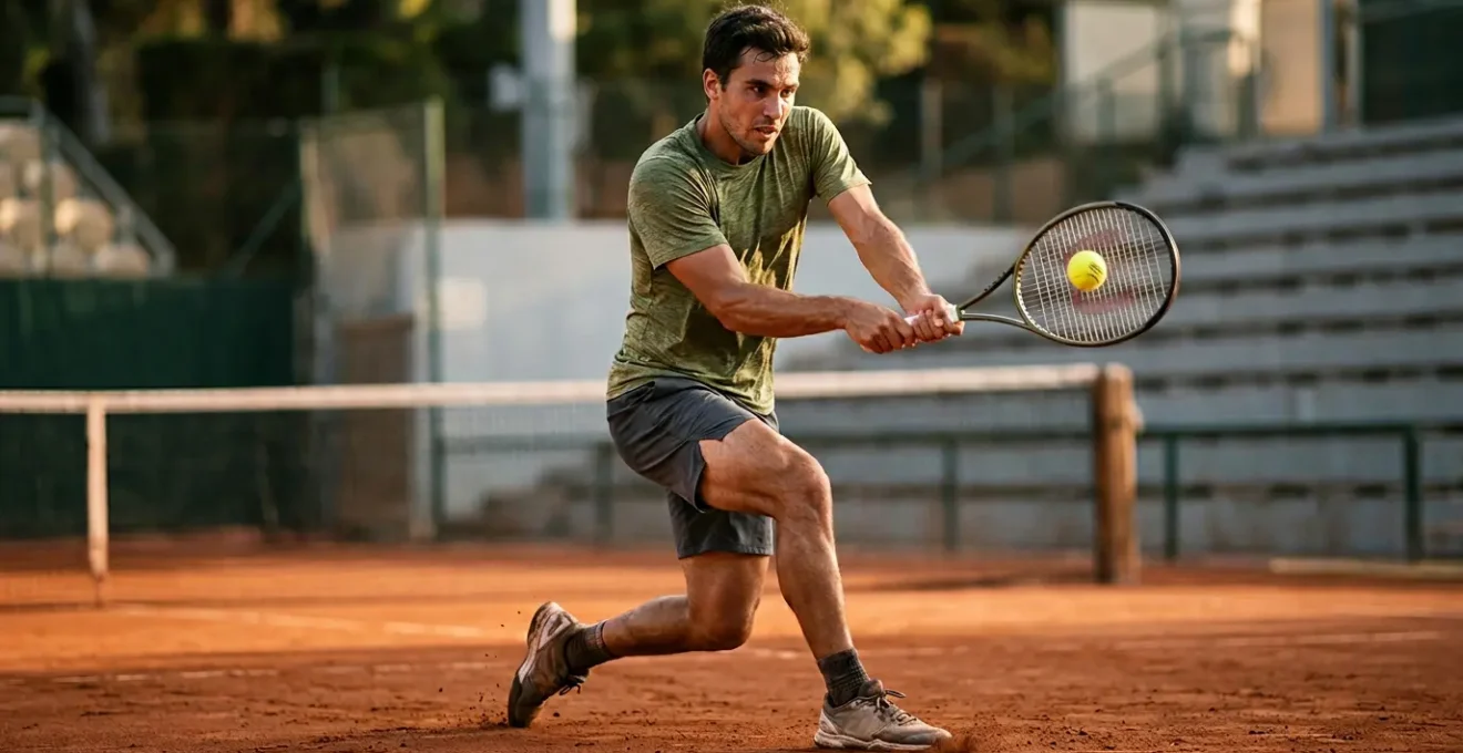 Joueur de tennis en position d'équilibre au moment de la frappe sur court