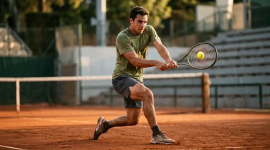 Joueur de tennis en position d'équilibre au moment de la frappe sur court