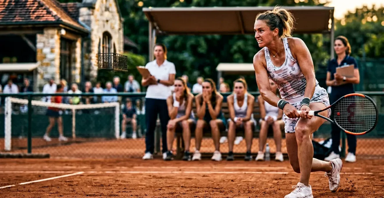Joueur de tennis concentré pendant un match par équipes avec coéquipiers en arrière-plan sur un court français