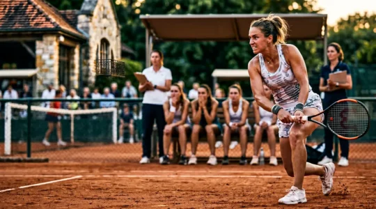 Joueur de tennis concentré pendant un match par équipes avec coéquipiers en arrière-plan sur un court français