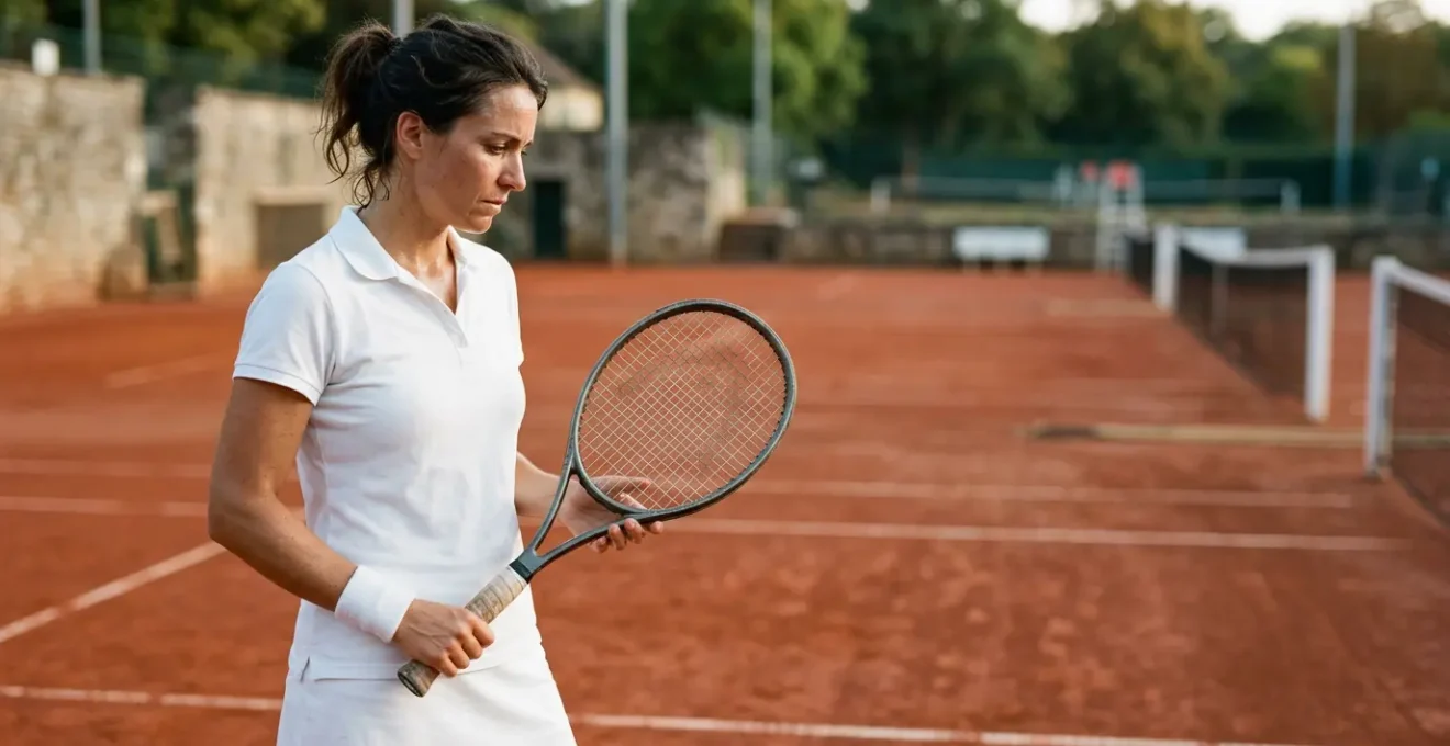 Joueur de tennis sur court en position d'observation tactique analysant son niveau de jeu