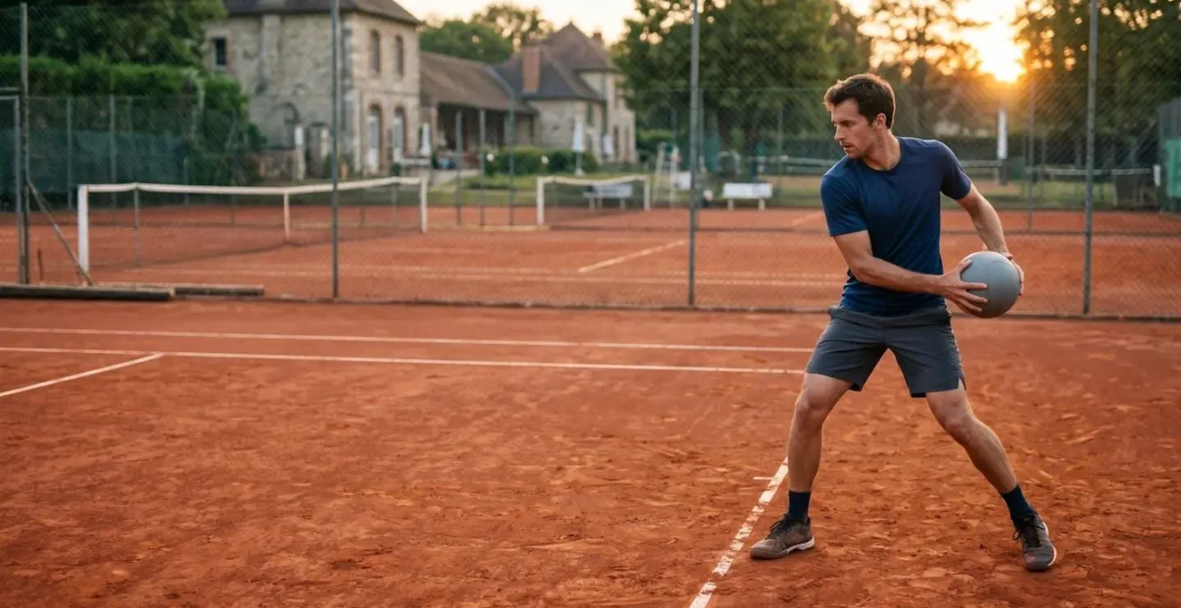 Joueur de tennis effectuant un exercice de gainage rotatif sur court en terre battue