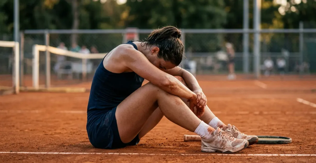 Joueur de tennis epuise assis sur terre battue apres un match intensif montrant la fatigue physique