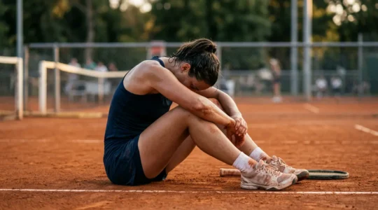 Joueur de tennis epuise assis sur terre battue apres un match intensif montrant la fatigue physique