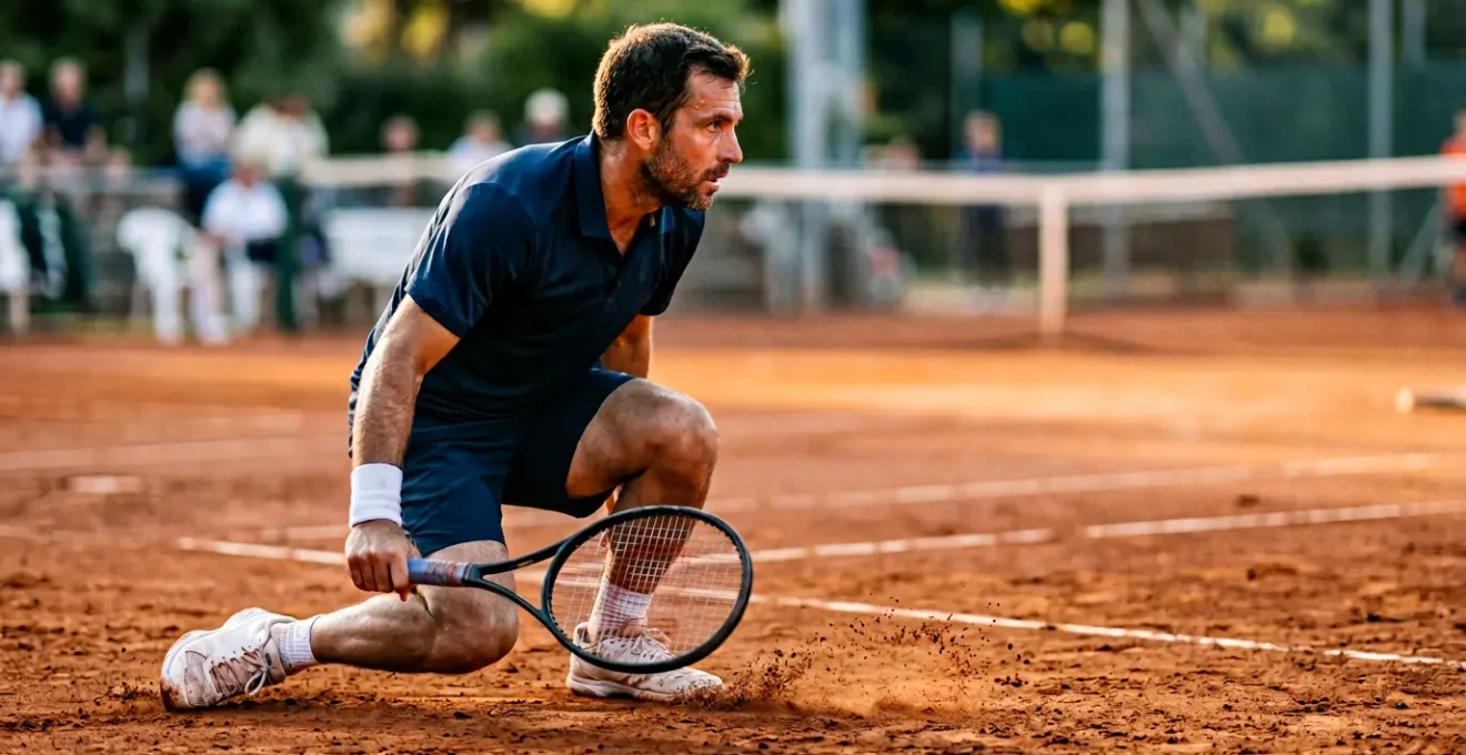 Joueur de tennis effectuant une glissade contrôlée sur terre battue lors d'un coup de fond de court