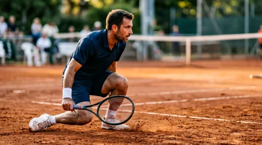 Joueur de tennis effectuant une glissade contrôlée sur terre battue lors d'un coup de fond de court