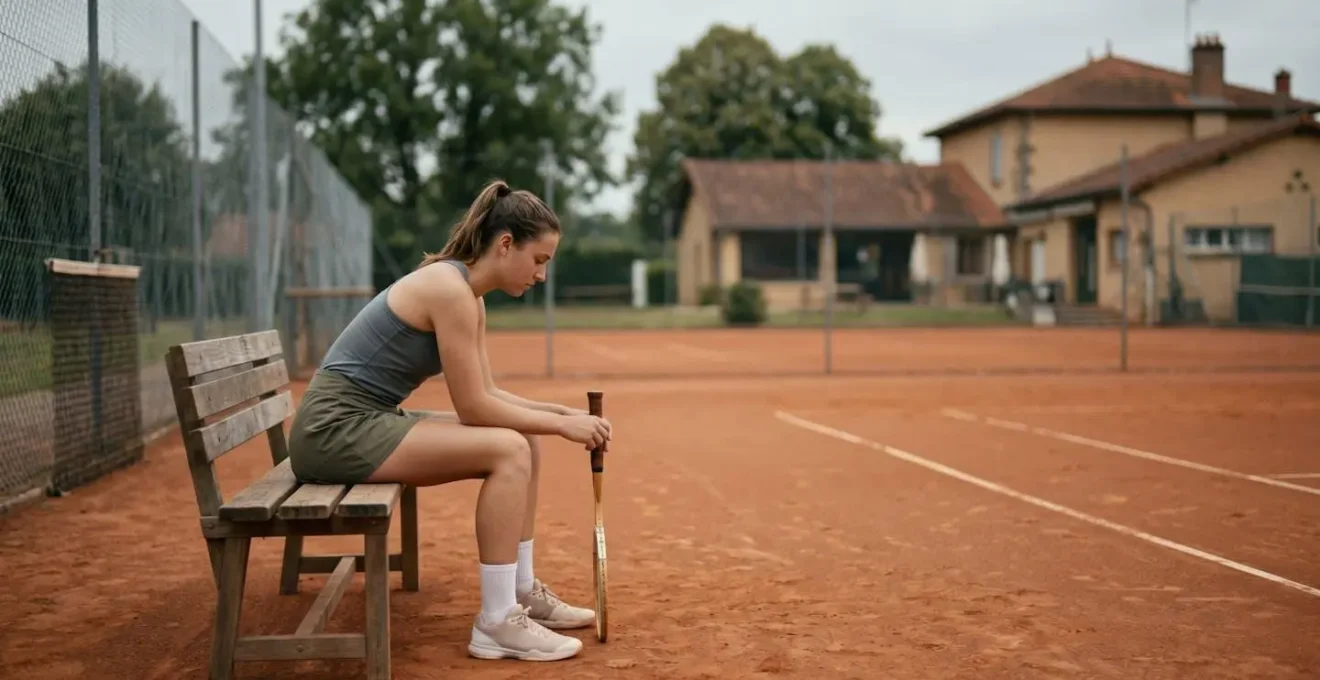 Joueur de tennis en pleine réflexion tactique autonome pendant une pause de match