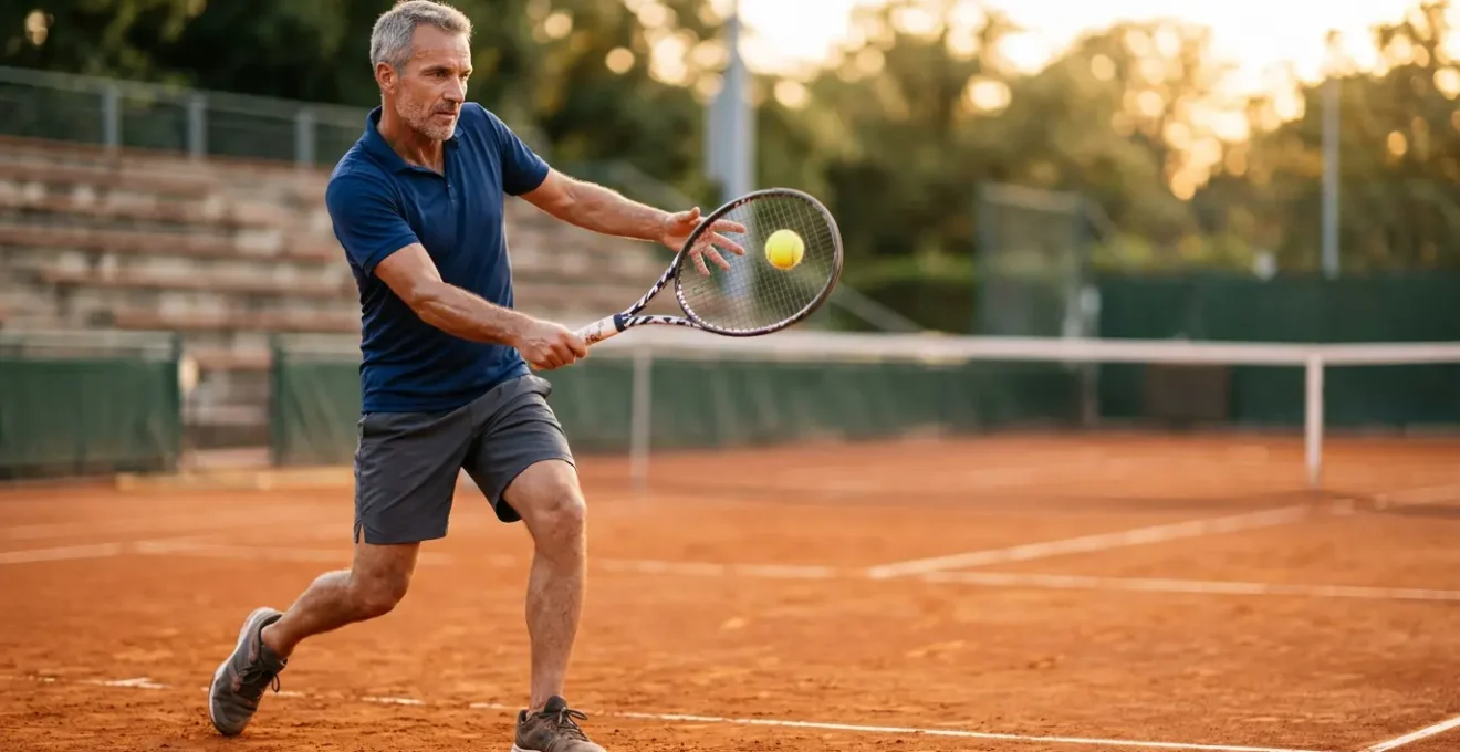 Joueur de tennis mature sur terre battue française en action, prévention blessures après 40 ans
