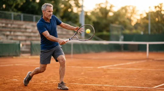 Joueur de tennis mature sur terre battue française en action, prévention blessures après 40 ans