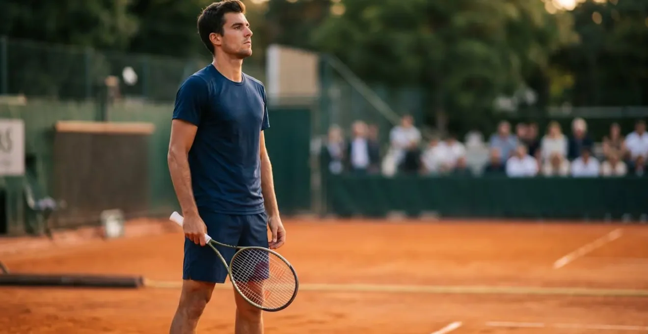 Joueur de tennis adoptant une posture de confiance et de détermination sur le court