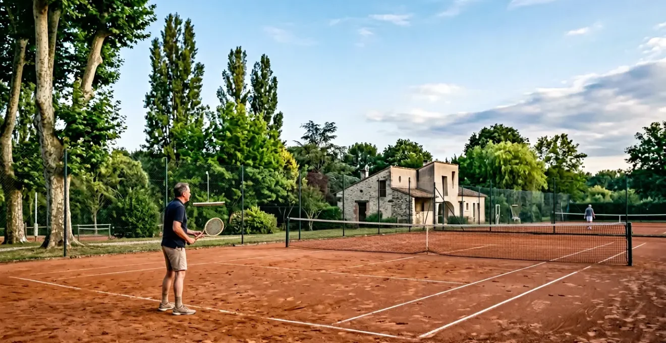 Joueur de tennis amateur sur un court en terre battue français, ambiance conviviale et accessible