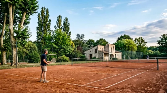 Joueur de tennis amateur sur un court en terre battue français, ambiance conviviale et accessible