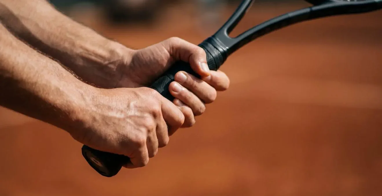 Gros plan sur la main d'un joueur tenant une raquette de tennis avec prise Semi-Western