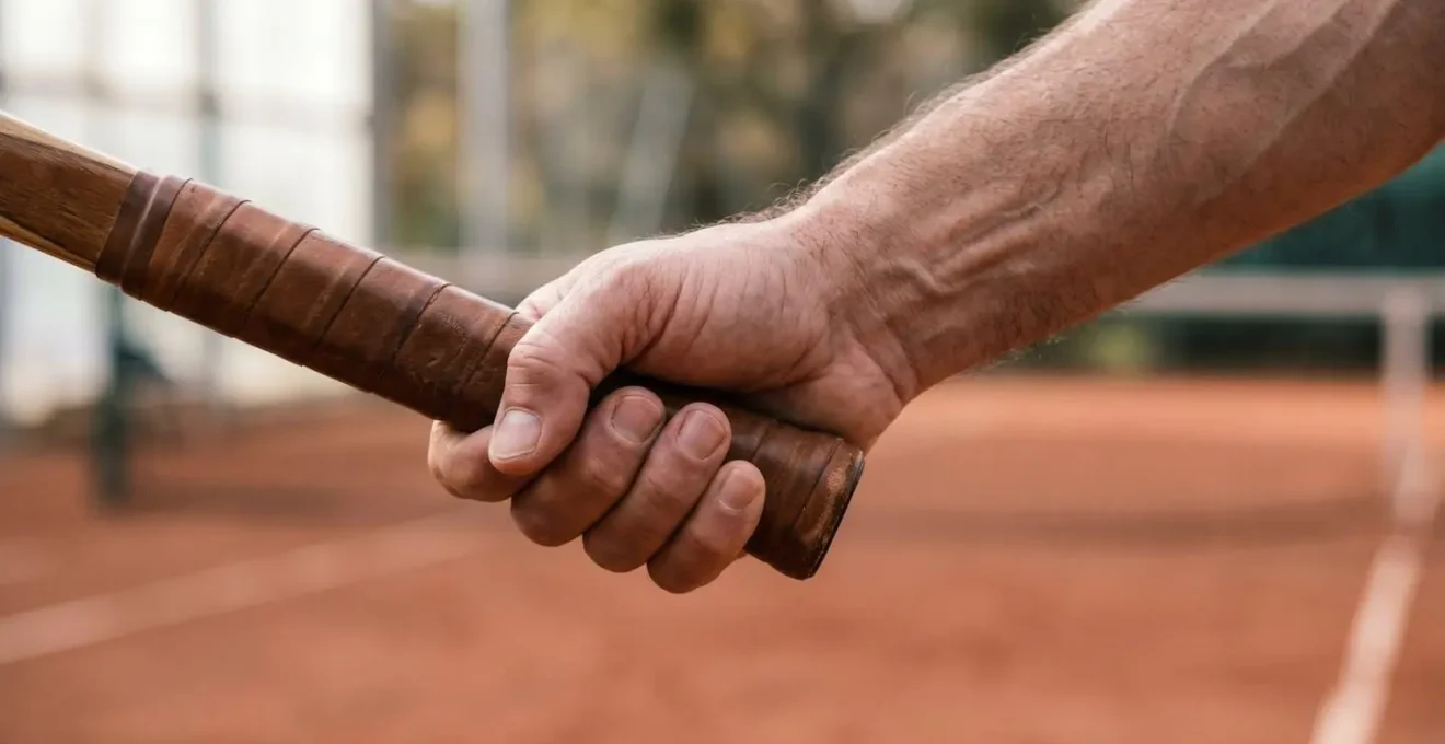 Gros plan sur une main tenant correctement le manche d'une raquette de tennis avec la bonne prise