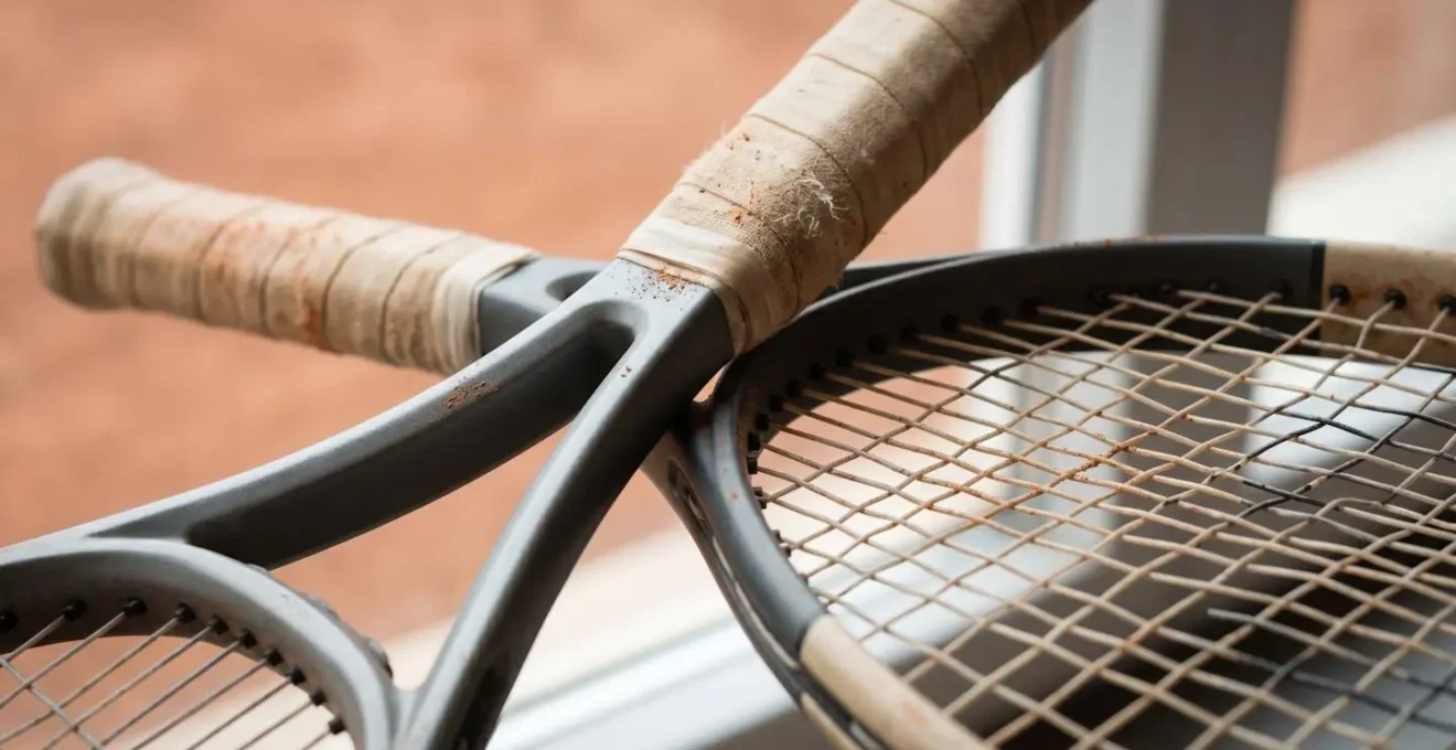 Gros plan sur deux raquettes de tennis qui se croisent, symbolisant l'échange et le partenariat entre joueurs