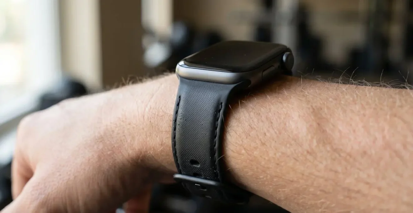 Gros plan sur une montre connectée affichant la fréquence cardiaque au poignet d'un sportif