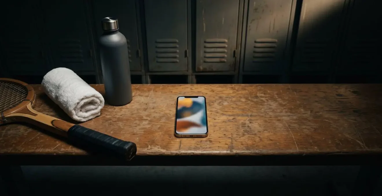 Smartphone sur une table de vestiaire avec une application de tennis visible de manière abstraite symbolisant l'anxiété du classement.