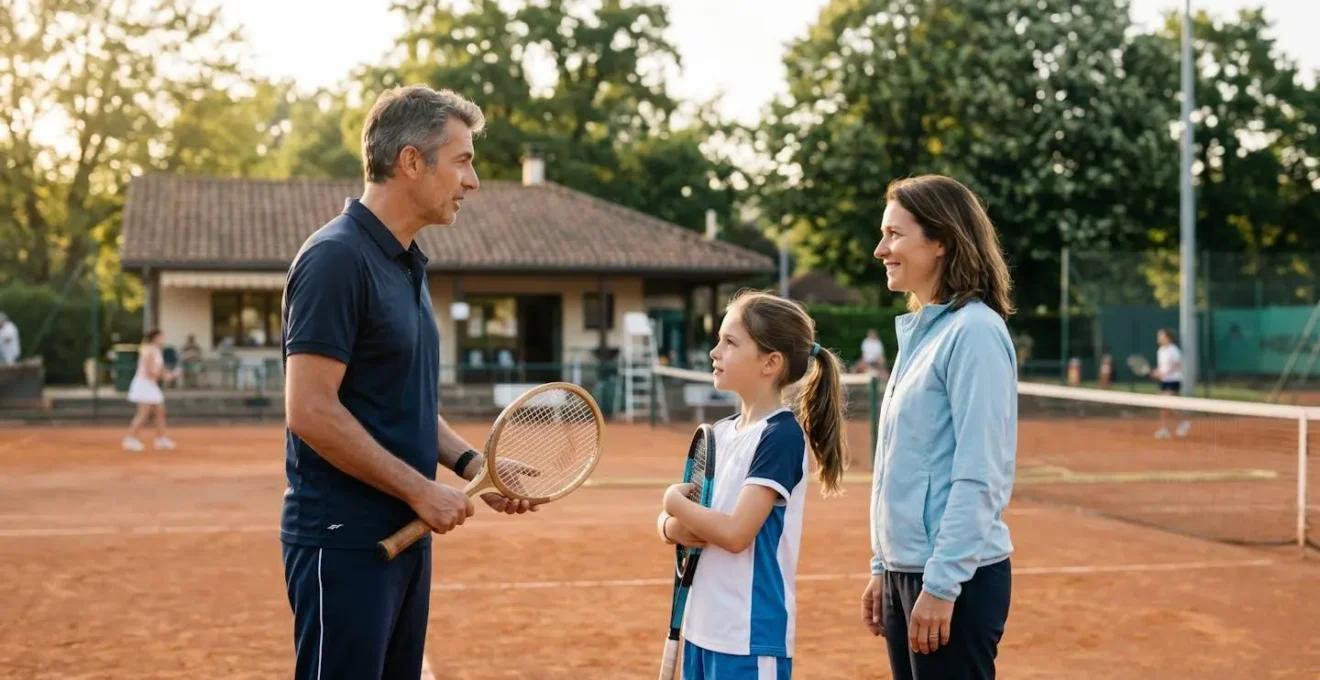 Trois personnes en cercle discutant calmement au bord d'un court de tennis illustrant la collaboration parent-coach-joueur