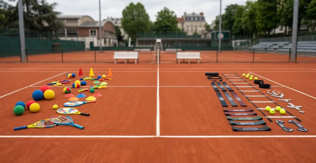 Contraste entre matériel pédagogique ludique pour enfants et équipement technique de performance pour adultes sur un court de tennis