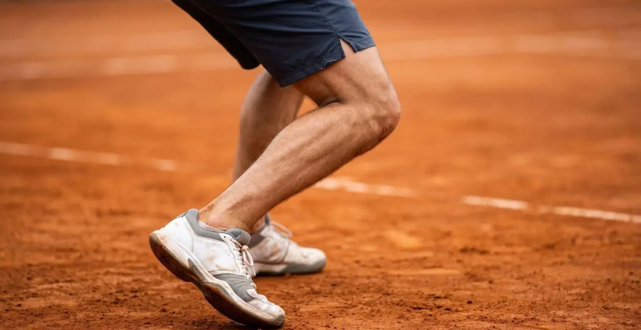 Joueur de tennis en position d'attente dynamique avec inclinaison du tibia sur terre battue française