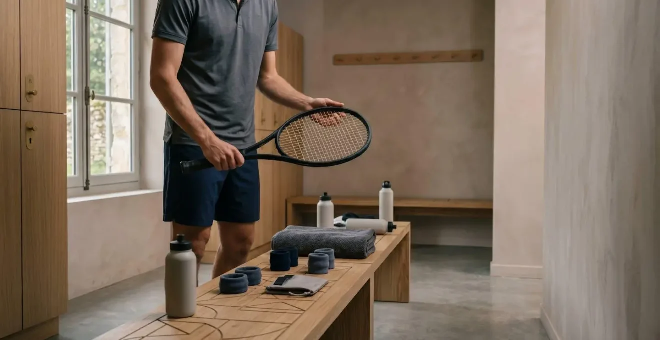 Moment de préparation mentale et de visualisation avant un tournoi de tennis amateur