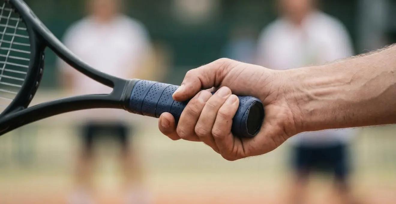 Gros plan sur la prise de raquette d'un joueur de tennis en position de frappe haute montrant l'orientation du poignet