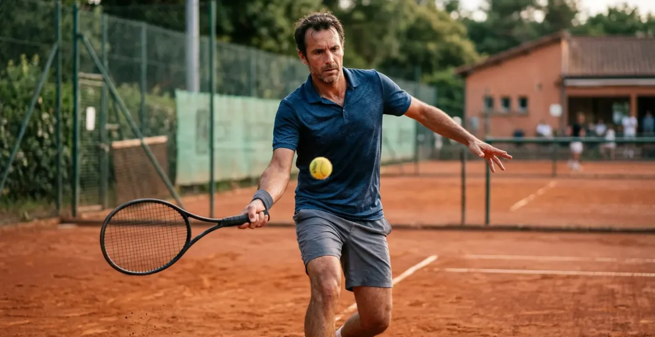 Joueur de tennis en pleine concentration face au défi de la progression technique