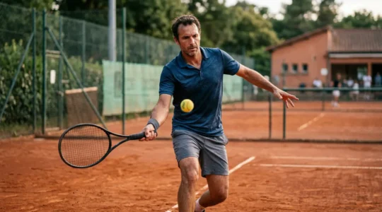 Joueur de tennis en pleine concentration face au défi de la progression technique