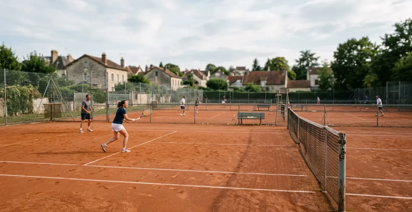 Vue d'ensemble d'un club de tennis français avec courts en terre battue et structure fédérale