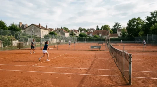 Vue d'ensemble d'un club de tennis français avec courts en terre battue et structure fédérale