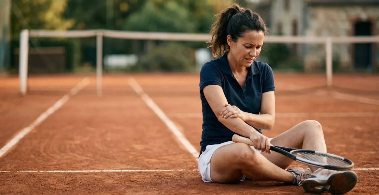 Joueur de tennis tenant son coude douloureux avec une raquette sur un court en terre battue français