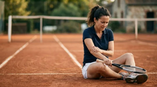 Joueur de tennis tenant son coude douloureux avec une raquette sur un court en terre battue français