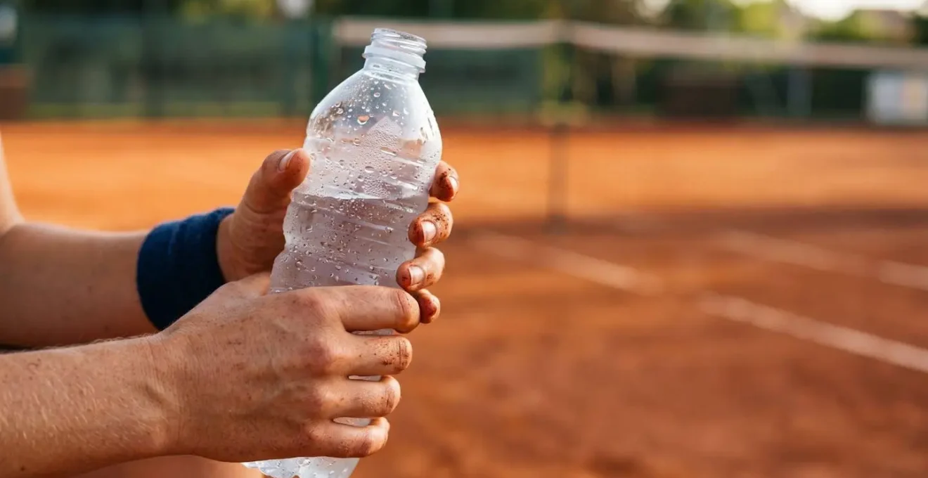 Joueur de tennis en phase de récupération active avec étirements et hydratation entre deux matchs
