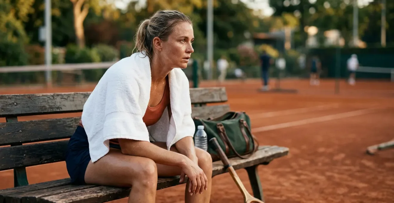 Joueur de tennis professionnel en phase de récupération physique après un match intense