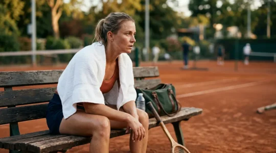 Joueur de tennis professionnel en phase de récupération physique après un match intense