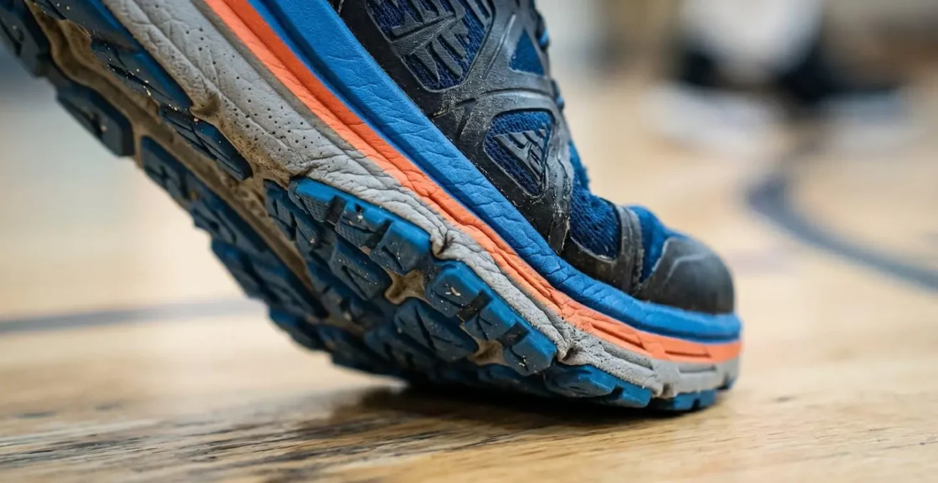 Vue macro détaillée de la déformation d'une semelle de running lors d'un mouvement latéral