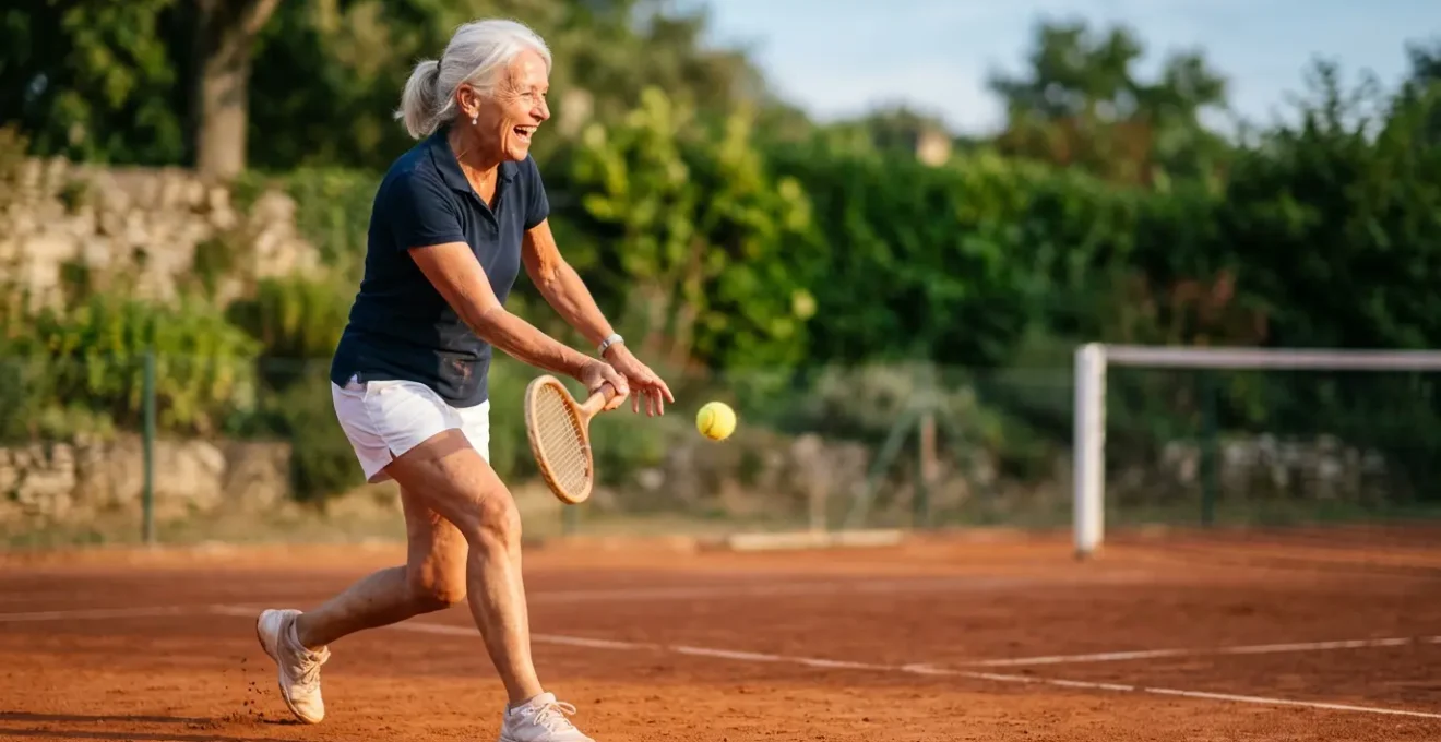 Joueur de tennis senior actif sur court en terre battue, incarnant le vieillissement en bonne sante par le sport