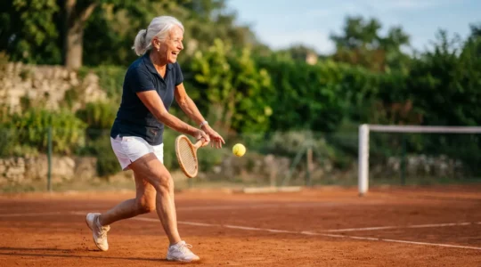 Joueur de tennis senior actif sur court en terre battue, incarnant le vieillissement en bonne sante par le sport