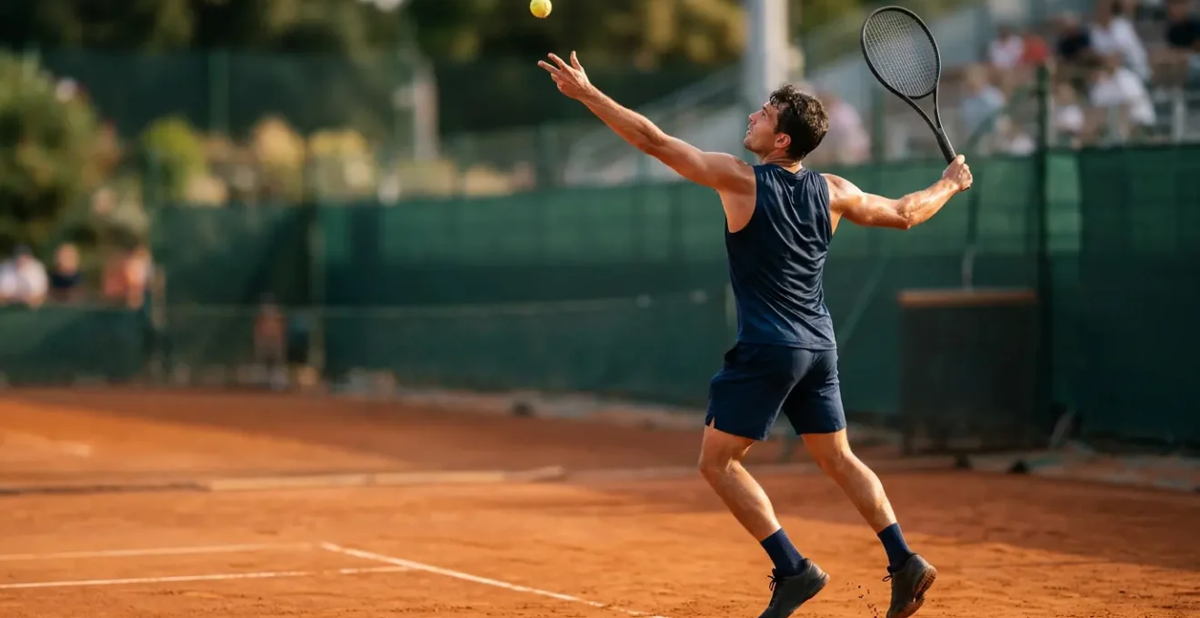 Joueur de tennis en position armée au service avec geste technique fluide sur court en terre battue