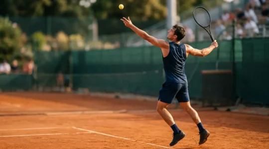 Joueur de tennis en position armée au service avec geste technique fluide sur court en terre battue