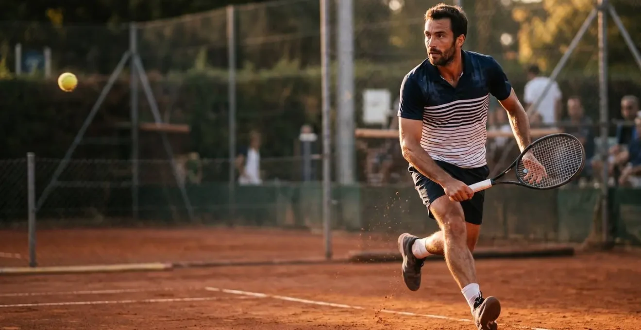 Serveur de tennis préparant son positionnement pour le coup suivant sur terre battue