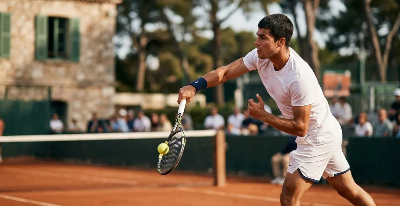 Joueur de tennis en action lors d'un service puissant sur court en terre battue