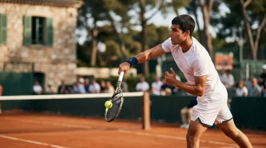 Joueur de tennis en action lors d'un service puissant sur court en terre battue